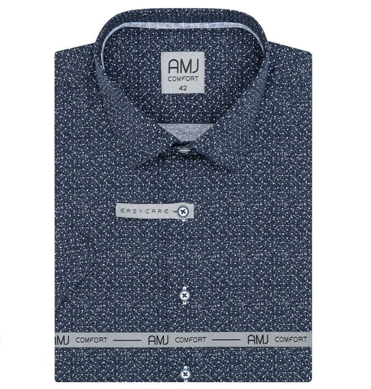 Pánská košile AMJ bavlněná, tmavě modrá puntíkovaná VKBR1283, krátký rukáv, (regular + slim fit)