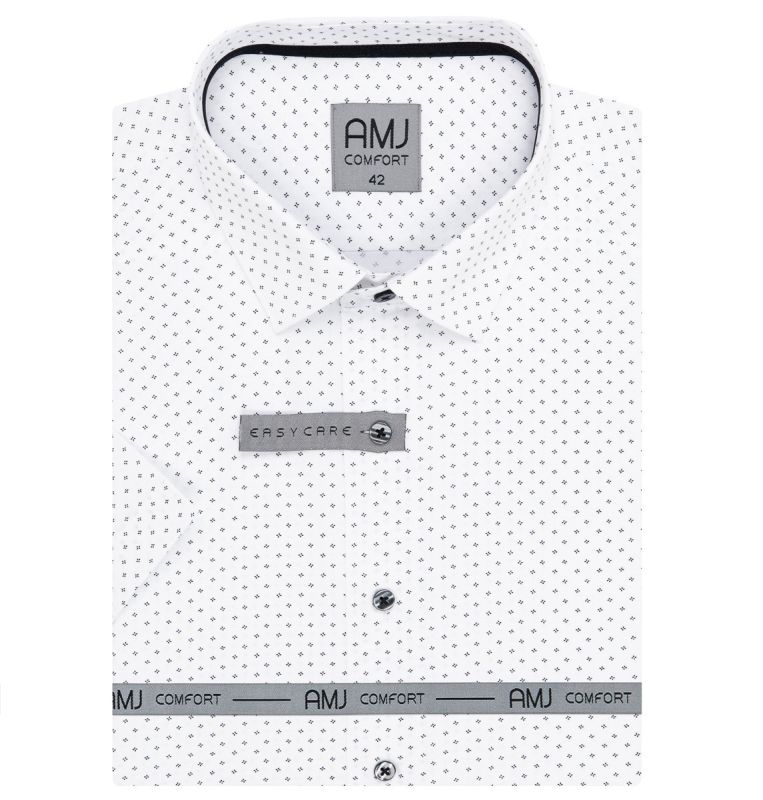 Pánská košile AMJ bavlněná, bílá s puntíkovanými čtverečky VKBR1277, krátký rukáv, regular fit