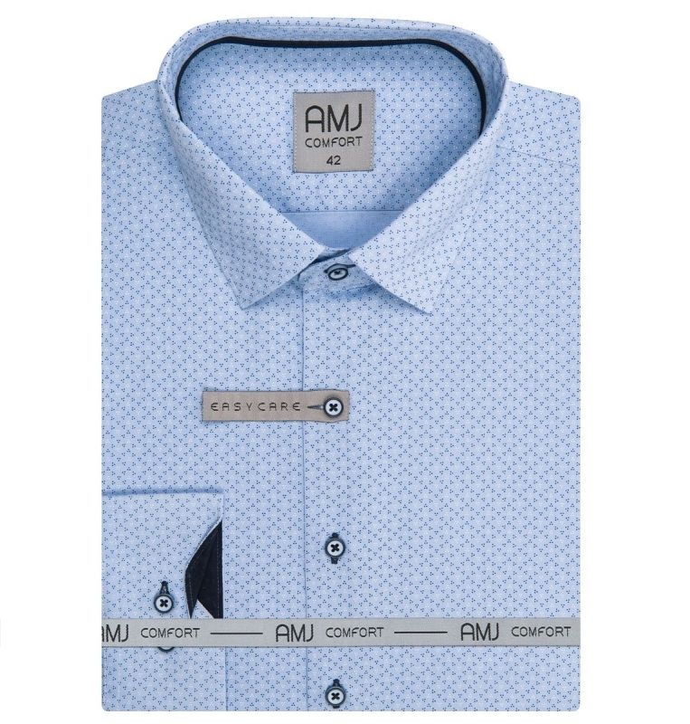 Pánská košile AMJ bavlněná, světle modrá s tečkovanými trojúhelníčky, VDBR1245, dlouhý rukáv (základní + prodloužená délka)
