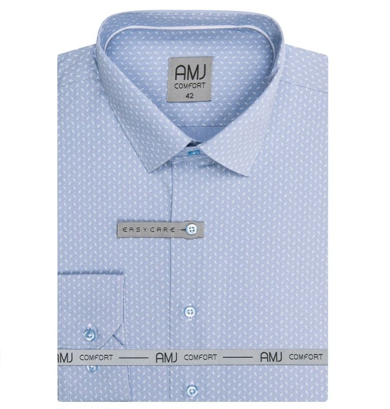 Pánská košile AMJ bavlněná, světle modrá s dvojitými bílými vlnkami, VDBR1257, dlouhý rukáv (regular + slim-fit)