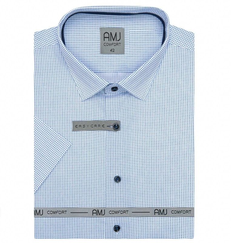 Pánská košile AMJ bavlněná, bílá s modrými tečkovanými křížky VKBR1206, krátký rukáv (regular + slim fit)