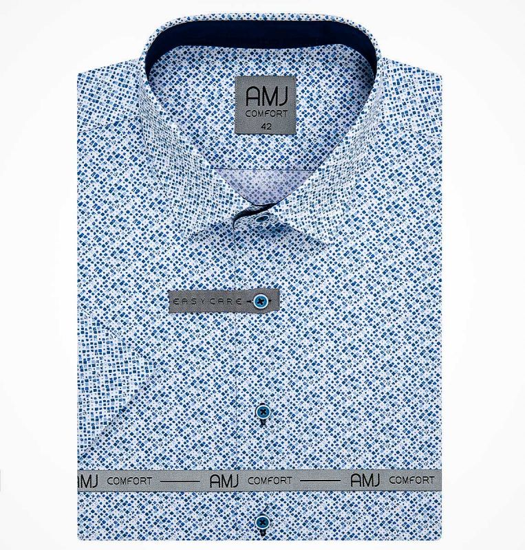 Pánská košile AMJ bavlněná, modro-bílá mramorová kostka VKBR1208, krátký rukáv (regular + slim fit)