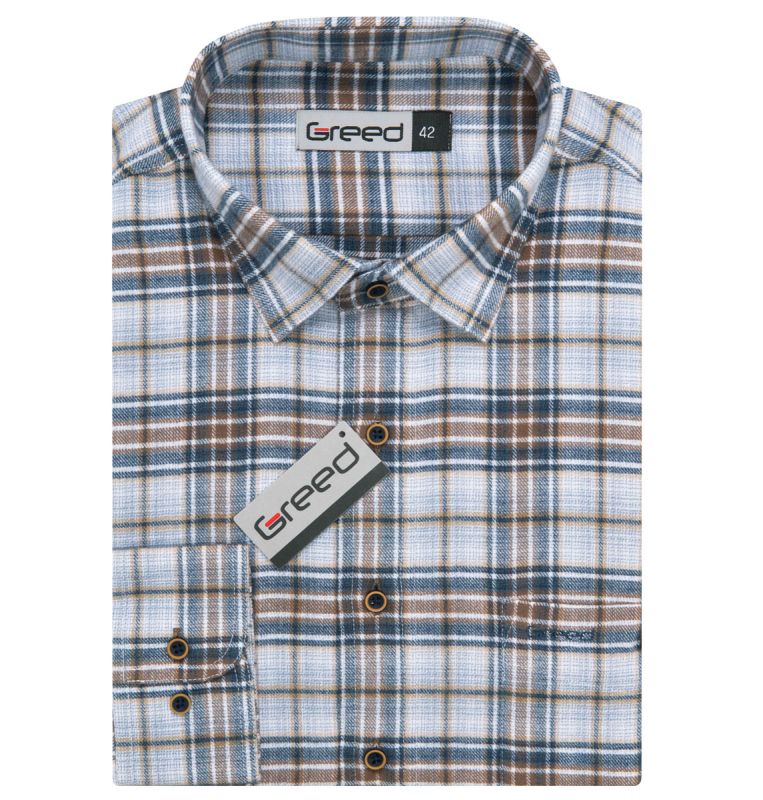 Pánská košile GREED flanelová, béžovo-modro-bílá károvaná SDF390, dlouhý rukáv, regular fit