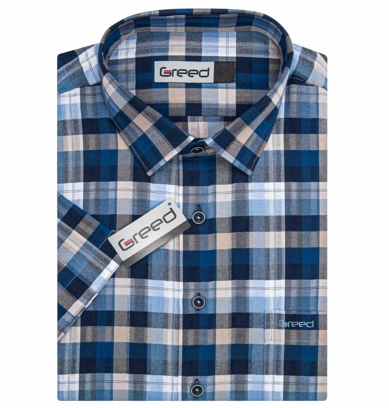 Pánská košile GREED sportovní, modro-šedo-bílé káro SK391, krátký rukáv