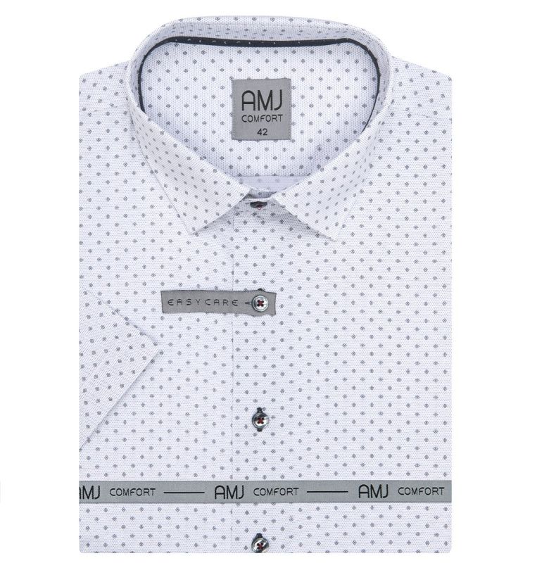 Pánská košile AMJ bavlněná, bílá s drobnými kytičkami VKBR1223, krátký rukáv, (regular + slim fit)