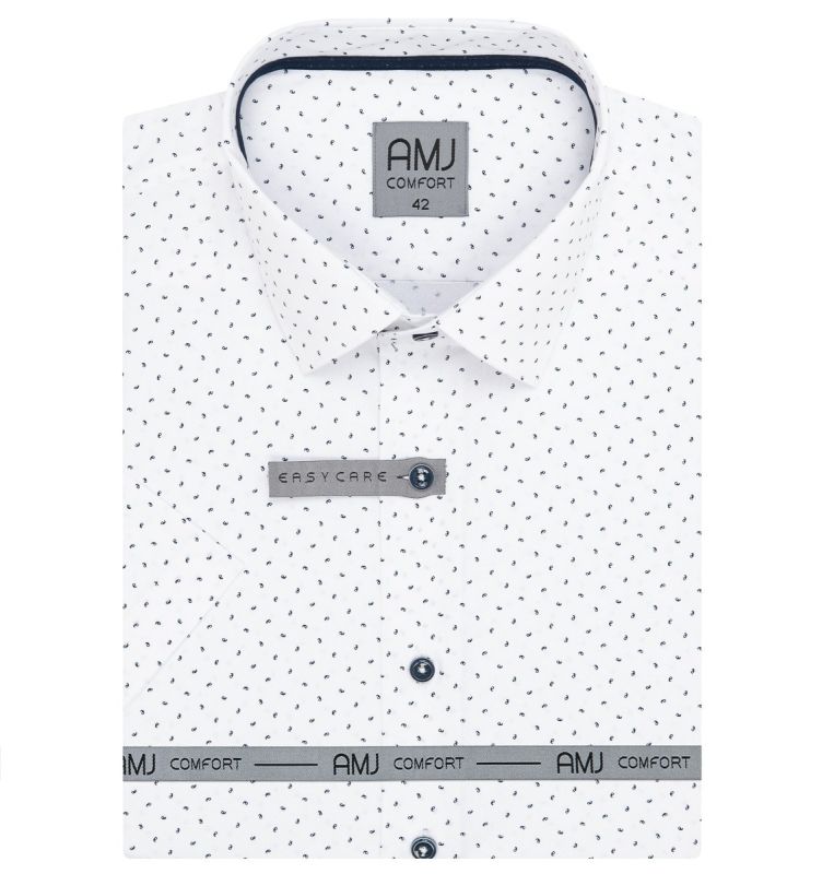 Pánská košile AMJ bavlněná, bílá s drobnými písmenky VKBR1275, krátký rukáv, (regular + slim fit)