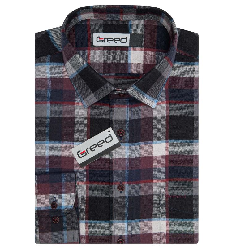 Pánská košile GREED flanelová, vínovo-černá károvaná SDF394, dlouhý rukáv, regular fit