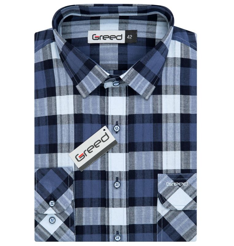 Pánská košile GREED sportovní, modro-bílé károvaná SD385, dlouhý rukáv, regular fit
