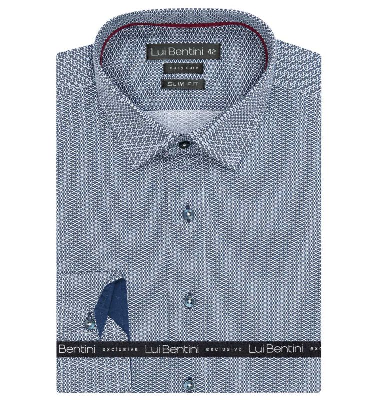 Pánská košile Lui Bentini, modrá s bílým okrasným puntíkem LDS233, dlouhý rukáv, slim fit