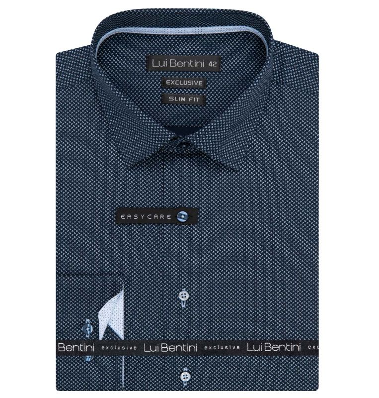 Pánská košile Lui Bentini, tmavě modrá s bílými vlnkami s tečkami LDS243, dlouhý rukáv, slim fit