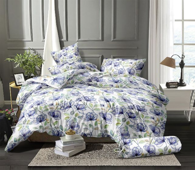 Povlečení LILY mikroflanel, modré květiny 140x200cm + 70x90cm