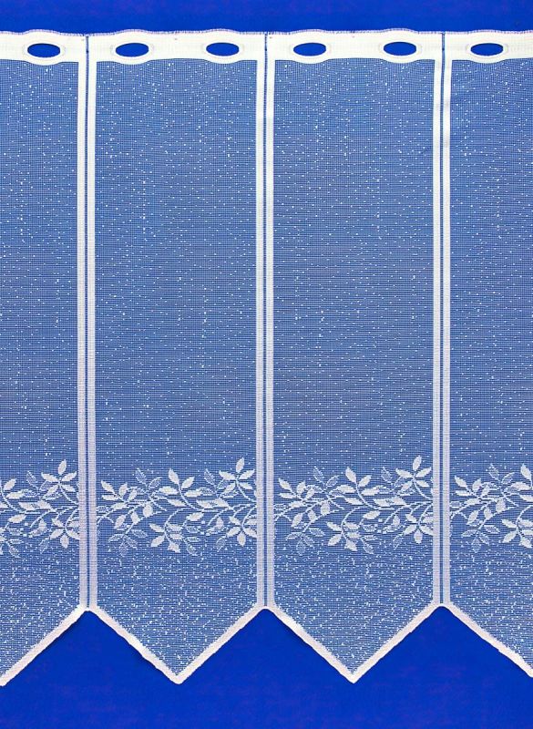 Žakárová vitrážová záclona V909, lístečky, s bordurou, bílá, (více výšek, v metráži)