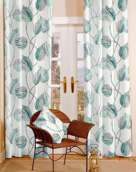 Zatemňovací / termoizolační závěs, blackout POLLUX 06 tyrkysově zelené listy, šířka 150cm (látka v metráži)