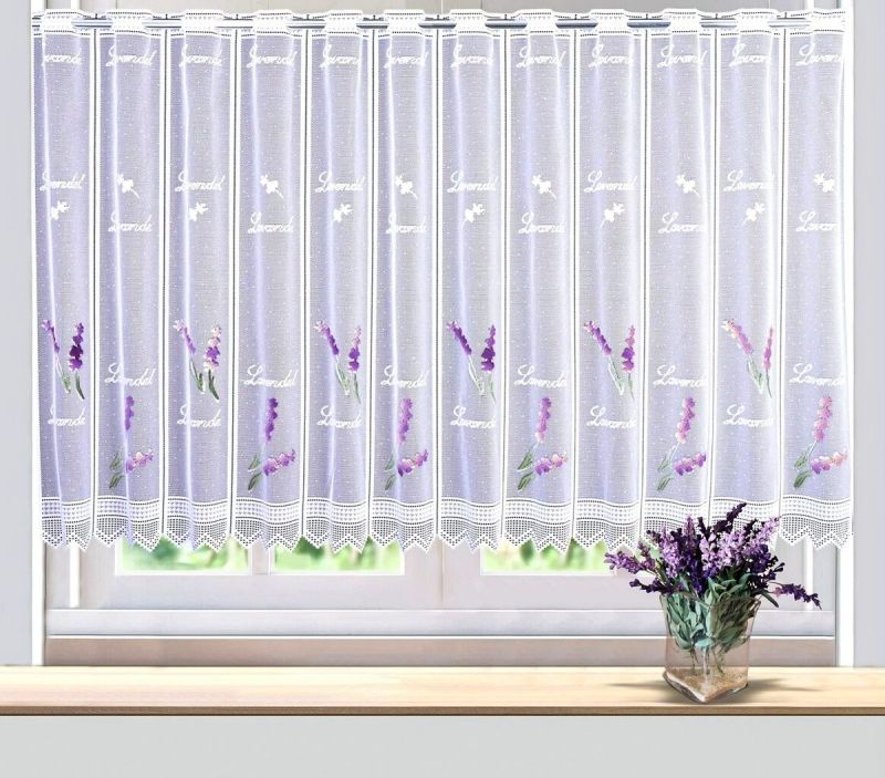 Žakárová vitrážová záclona LEVANDULE, fialová na bílé, s bordurou (více výšek, v metráži)
