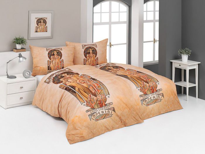 Povlečení Matějovský ALFONS MUCHA MOET, béžové, bavlna hladká digitál, 140x200cm + 70x90cm