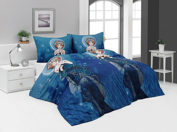 Povlečení Matějovský ALFONS MUCHA MOON, modré, bavlna hladká digitál, 140x200cm + 70x90cm