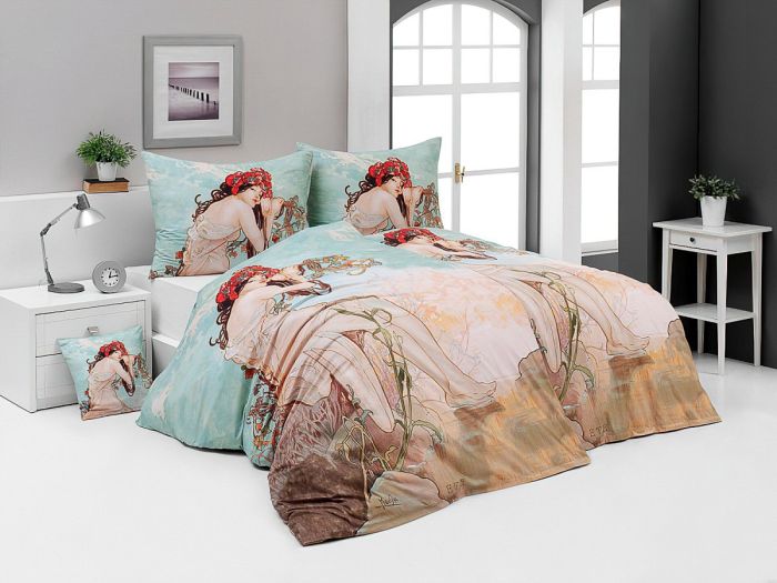 Povlečení Matějovský ALFONS MUCHA SUMMER, béžovo-svetle modré, bavlna hladká digitál, 140x200cm + 70x90cm