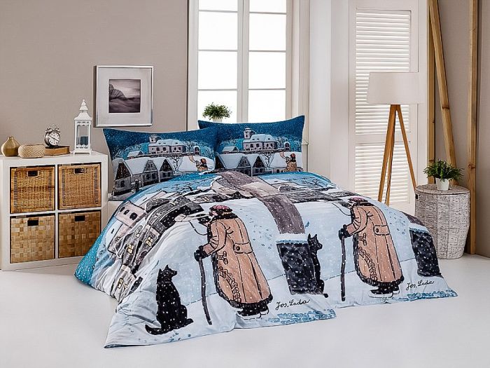 Povlečení Matějovský JOSEF LADA PONOCNÝ SE PSEM, bílo-modré, bavlna hladká digitál, 140x200cm + 70x90cm