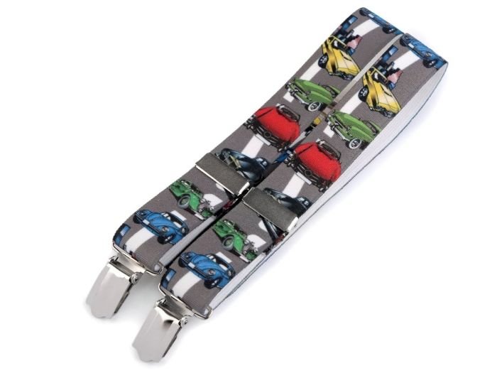 Šle dětské, délka 60cm, šíře 2,5cm, tvar Y, AUTA šedé, 650256/27