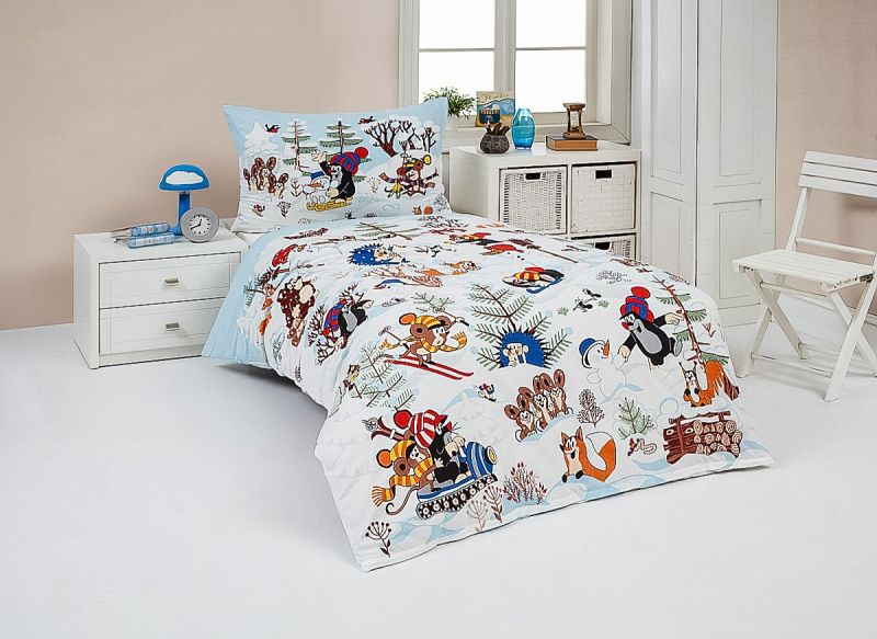 Dětské povlečení Matějovský KRTEK A ZIMA (Krteček), bílé, bavlna hladká, 140x200cm + 70x90cm