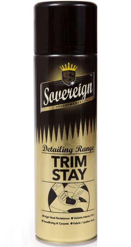 Automotive čalounické lepidlo ve spreji SOVEREIGN TRIM STAY, 500 ml – vysoká pevnost, odolné do 130 °C, pro stropnice a pěny