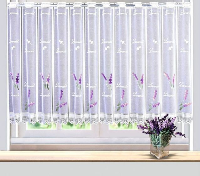 Žakárová vitrážová záclona LEVANDULE, fialová na bílé, s bordurou (více výšek, v metráži)