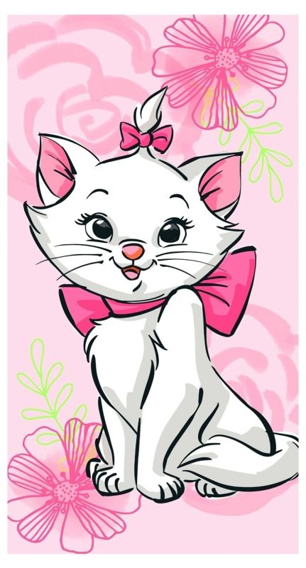 Dětská plážová osuška MARIE CAT PINK FLOWER, růžová kočička, froté, 70x140cm