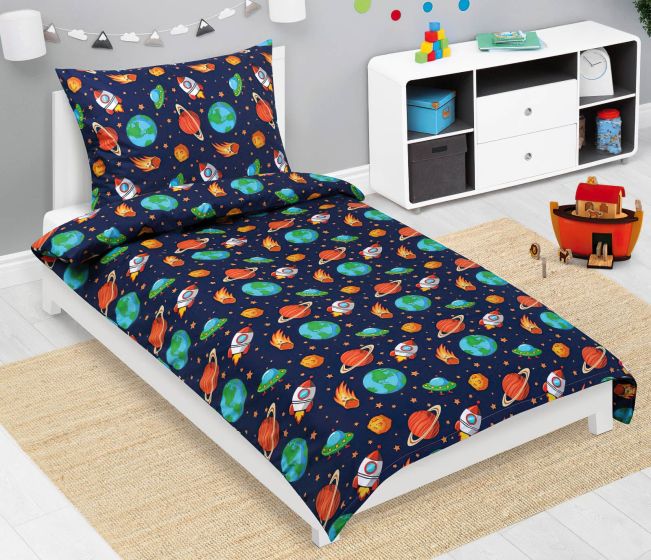 Dětské povlečení VESMÍR MODRÁ, ORANŽOVÁ, bavlna hladká, 140x200cm + 70x90cm 